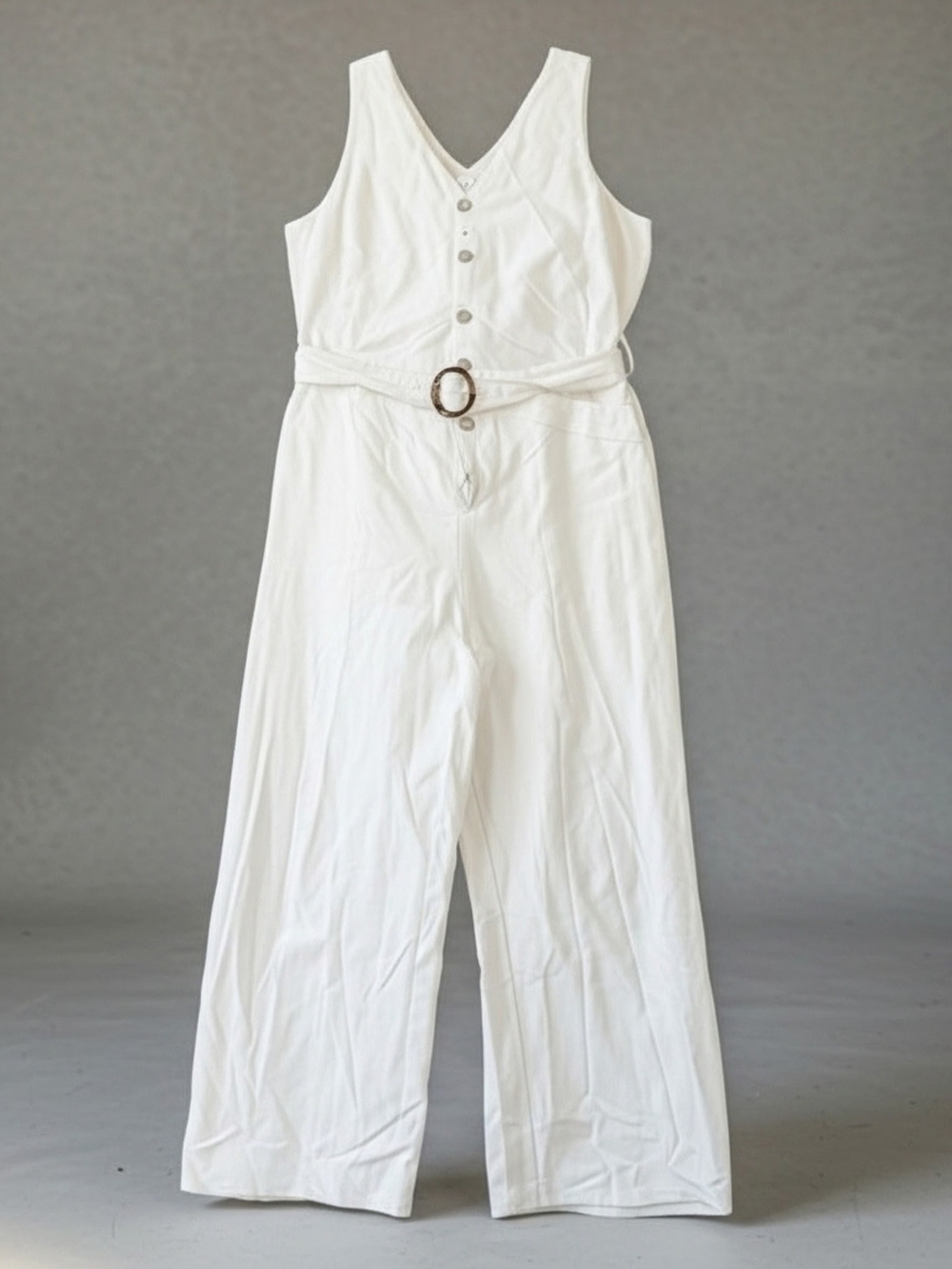 Vintage Gilli White Sleeveless V-Neck Wide-Leg Jumpsuit with Belt Size L
